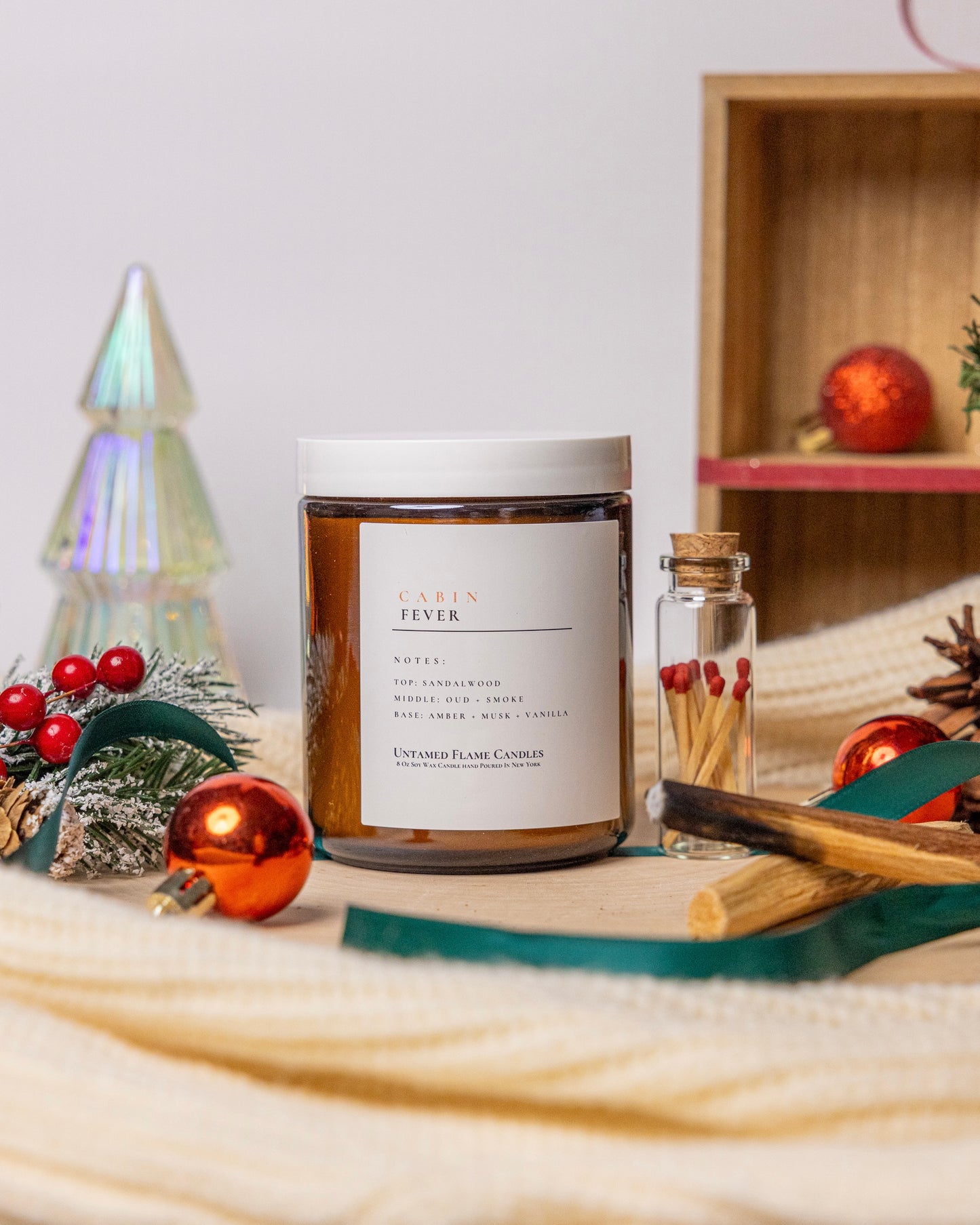 Cabin Fever Soy Wax Candle | Cozy Winter Retreat Aroma | Oud, Sweet Smoke, Incense, Vanilla | De-Stress, Vegan, Matches Included