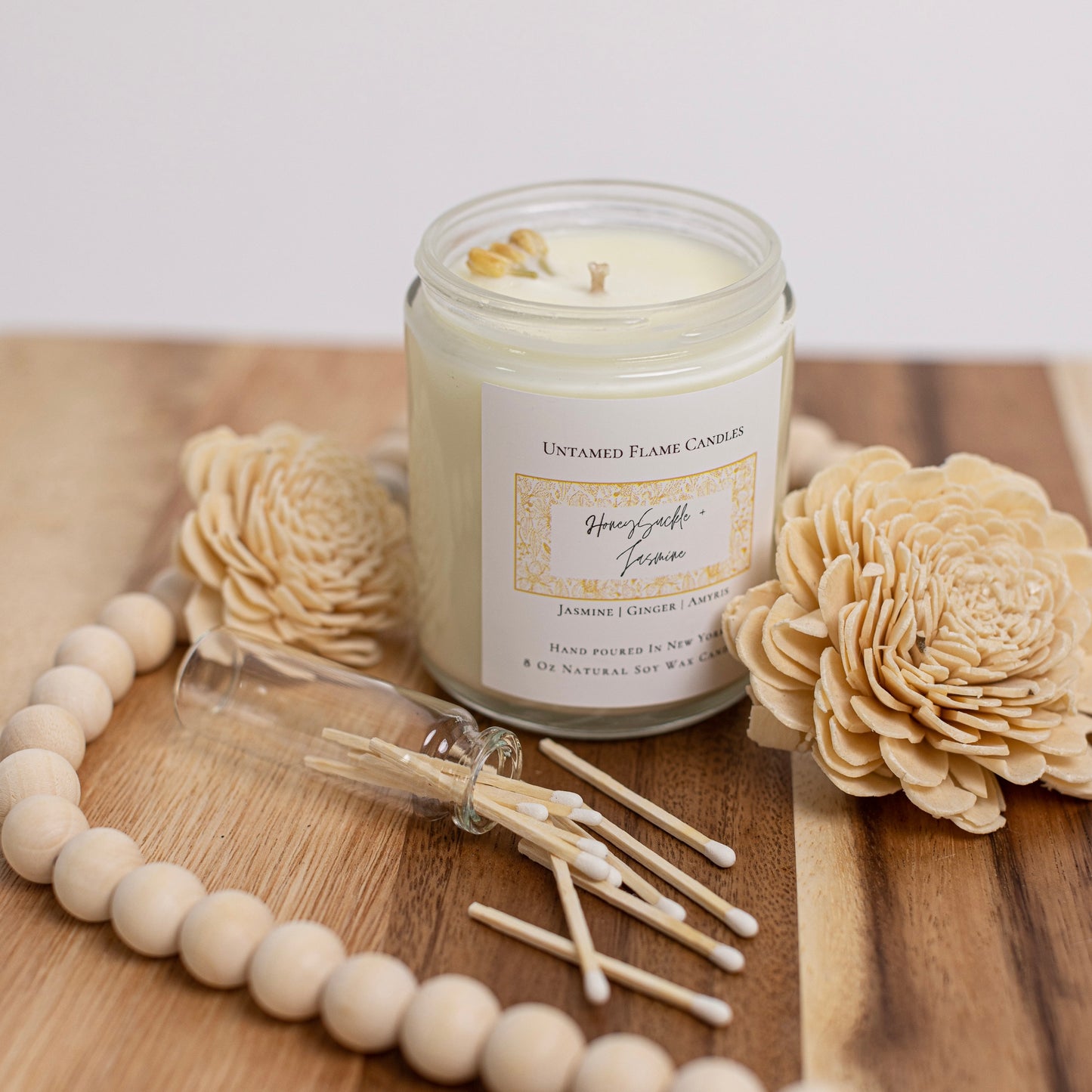Honeysuckle Jasmine Natural Soy Wax Candle | Floral| Vegan | Toxin-Free | Hand poured in NY | Glass Jar