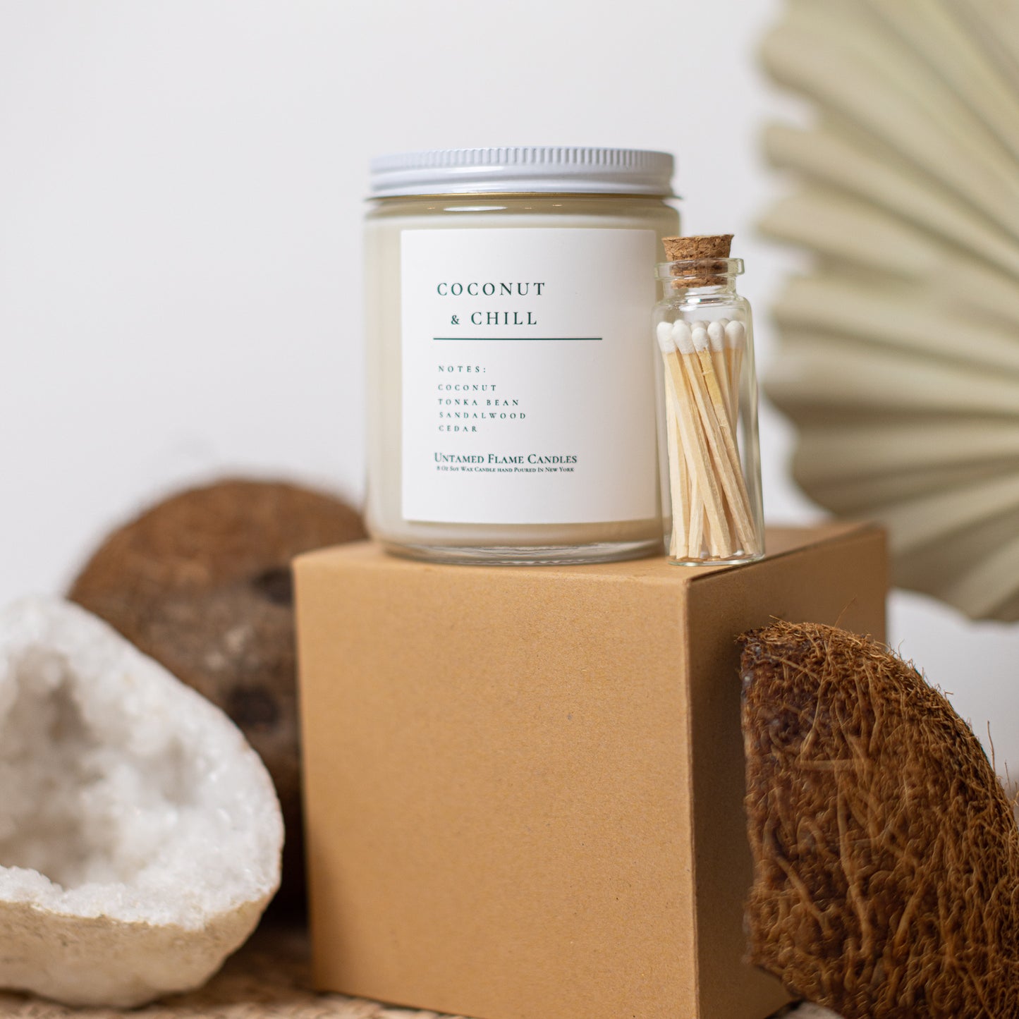 Coconut & Chill Soy Wax Candle | Hand Poured in NY | Woody Santal Blend with Luxurious Coconut Essence | Non-Toxic, Vegan | Silver Flake Accents
