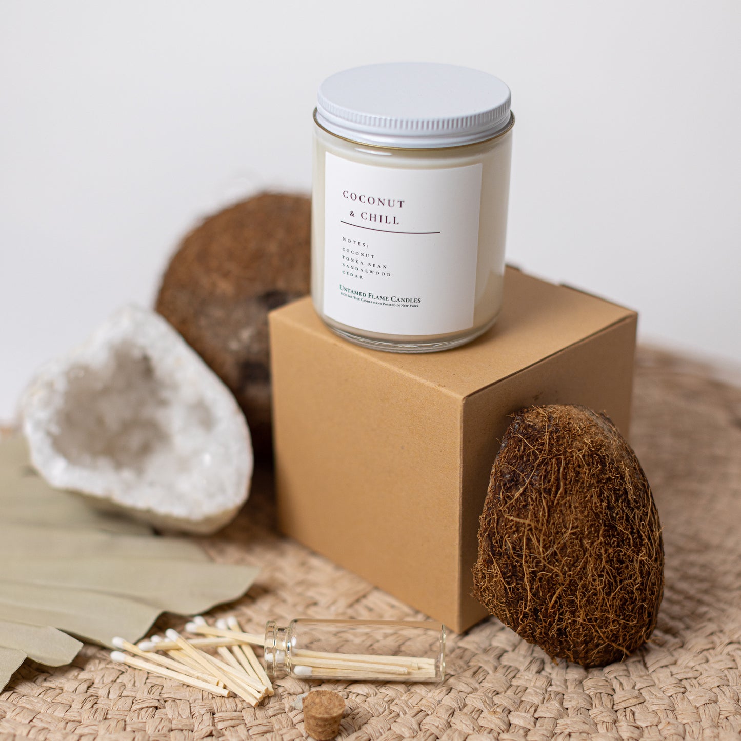 Coconut & Chill Soy Wax Candle | Hand Poured in NY | Woody Santal Blend with Luxurious Coconut Essence | Non-Toxic, Vegan | Silver Flake Accents