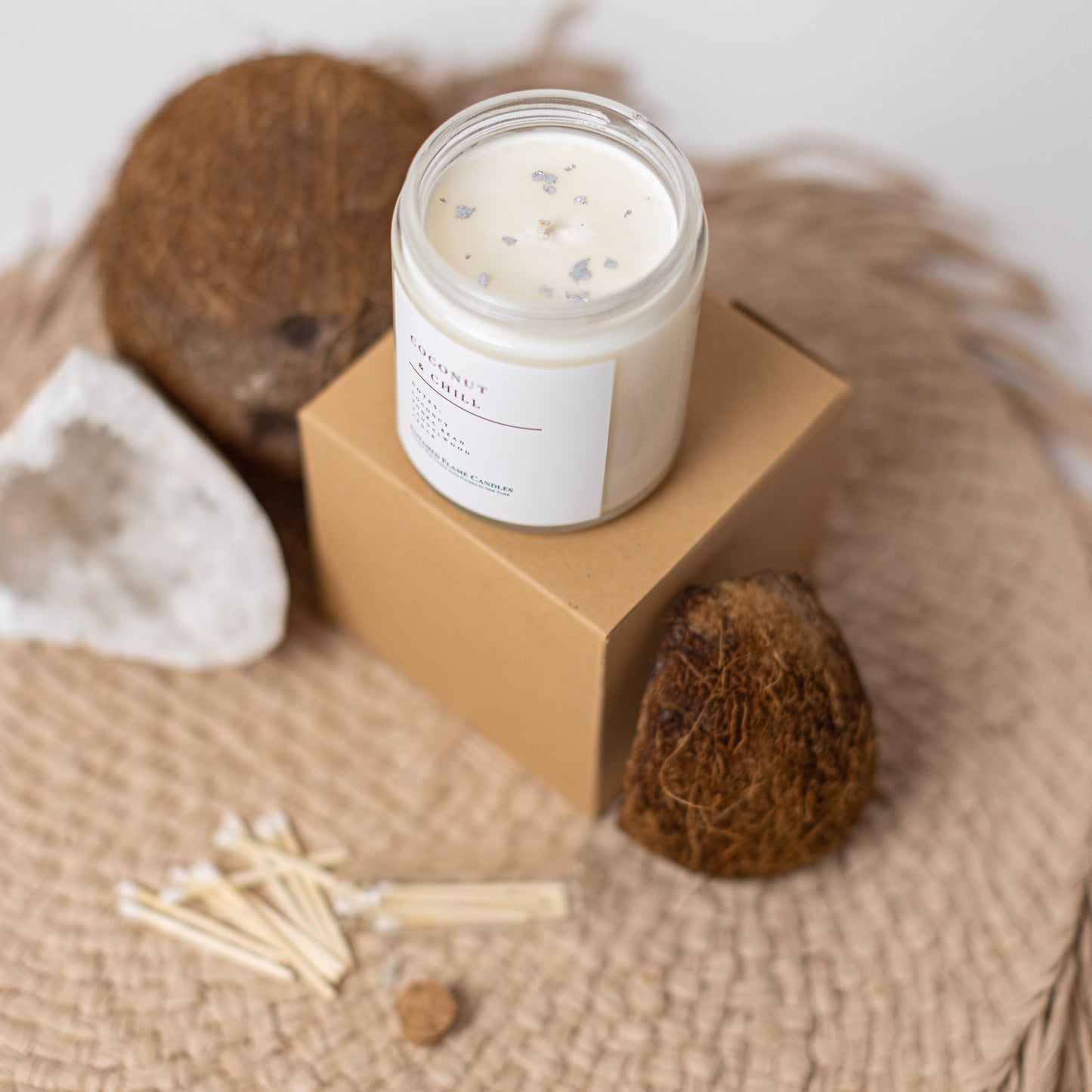 Coconut & Chill Soy Wax Candle | Hand Poured in NY | Woody Santal Blend with Luxurious Coconut Essence | Non-Toxic, Vegan | Silver Flake Accents