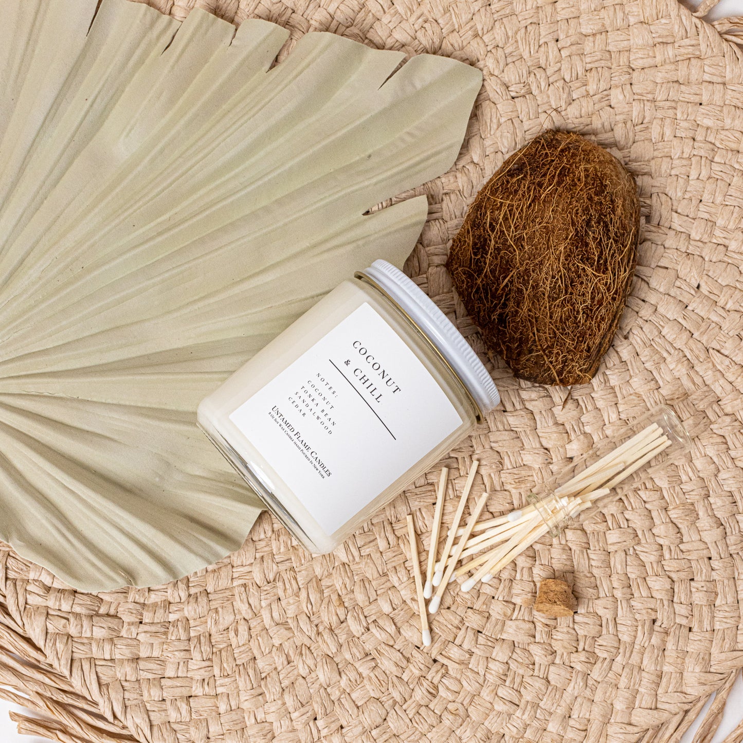Coconut & Chill Soy Wax Candle | Hand Poured in NY | Woody Santal Blend with Luxurious Coconut Essence | Non-Toxic, Vegan | Silver Flake Accents