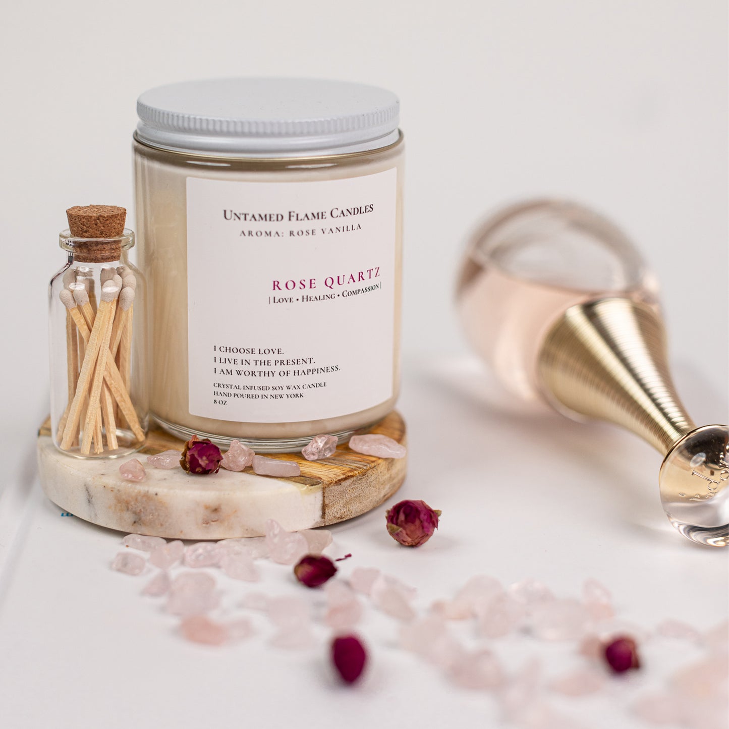 Rose Vanilla Natural Soy Wax Rose Quartz Crystal Candle | Healing | Love | Matches included | Vegan | Non-Toxic Candle | Hand Poured in NY