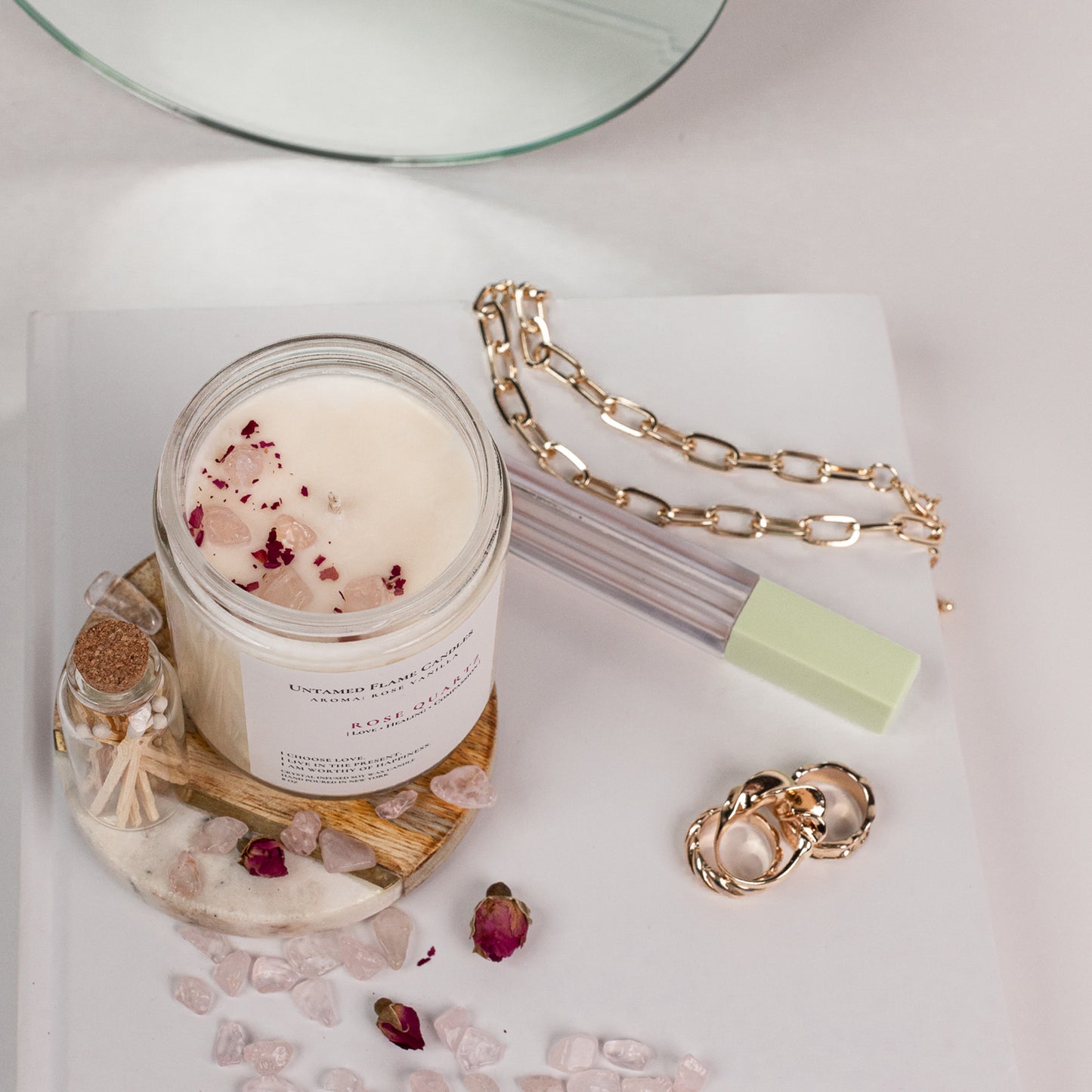 Rose Vanilla Natural Soy Wax Rose Quartz Crystal Candle | Healing | Love | Matches included | Vegan | Non-Toxic Candle | Hand Poured in NY