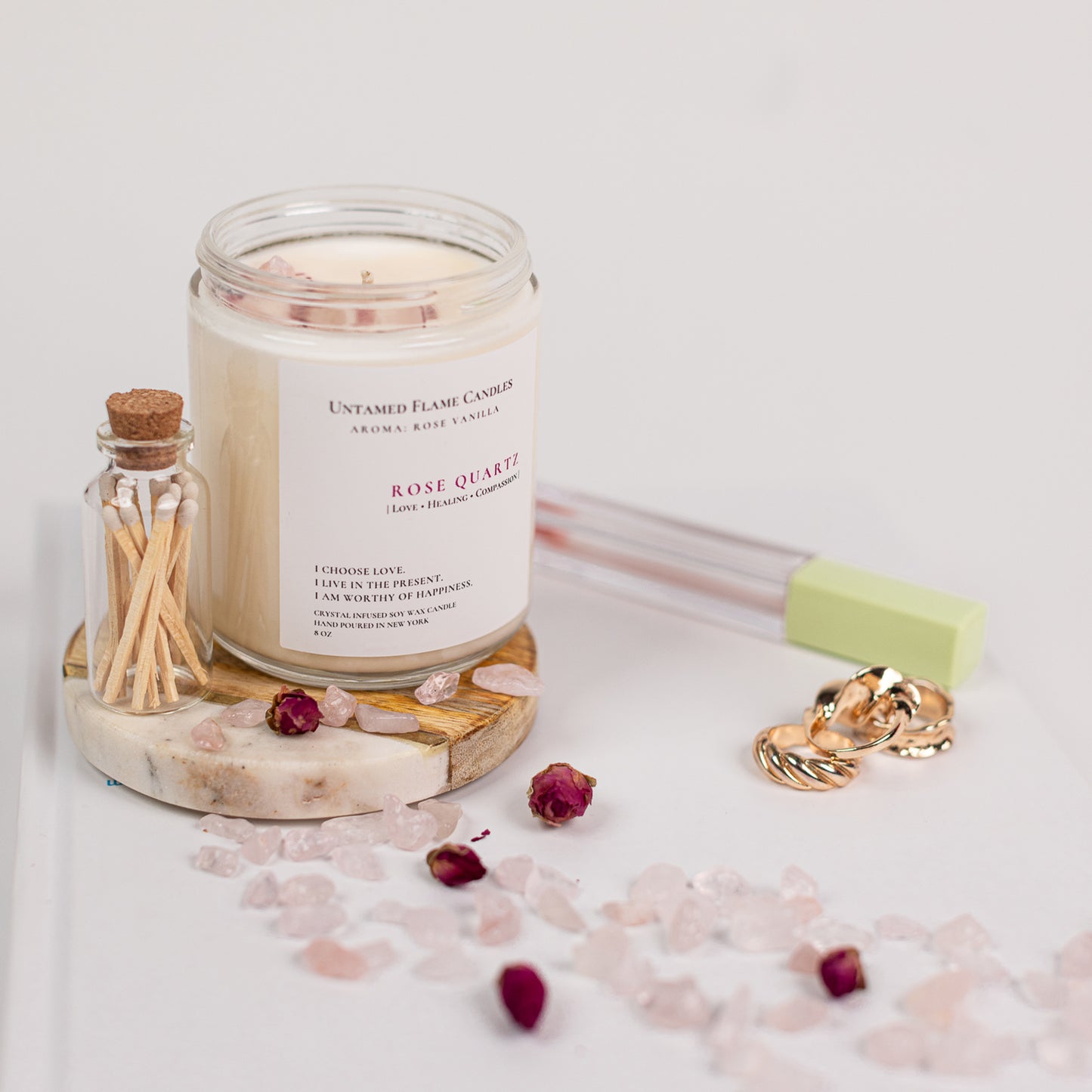 Rose Vanilla Natural Soy Wax Rose Quartz Crystal Candle | Healing | Love | Matches included | Vegan | Non-Toxic Candle | Hand Poured in NY