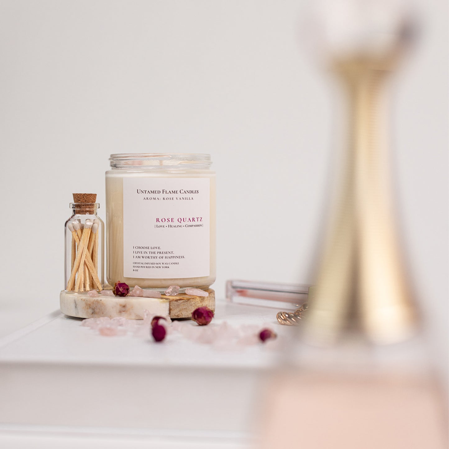 Rose Vanilla Natural Soy Wax Rose Quartz Crystal Candle | Healing | Love | Matches included | Vegan | Non-Toxic Candle | Hand Poured in NY