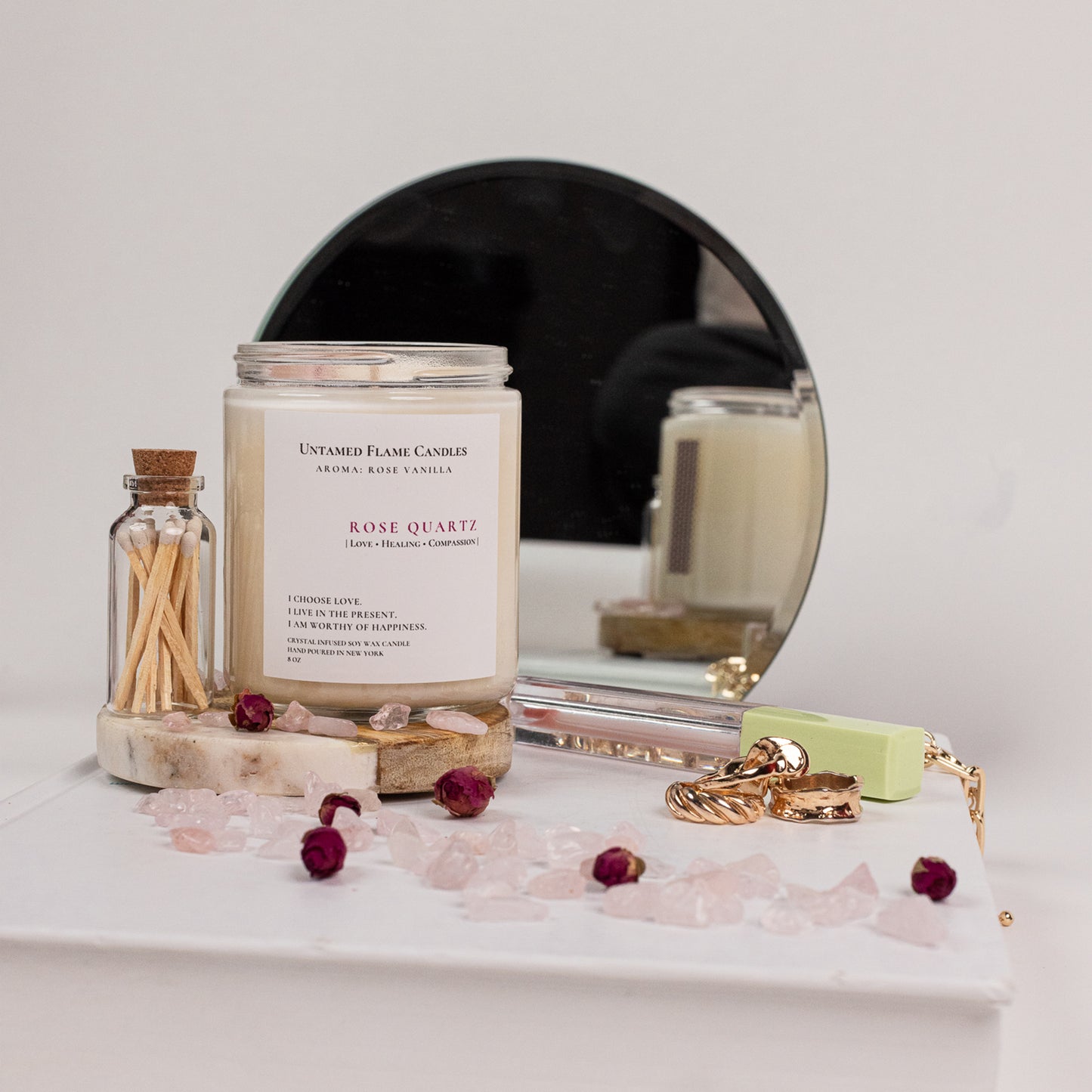 Rose Vanilla Natural Soy Wax Rose Quartz Crystal Candle | Healing | Love | Matches included | Vegan | Non-Toxic Candle | Hand Poured in NY