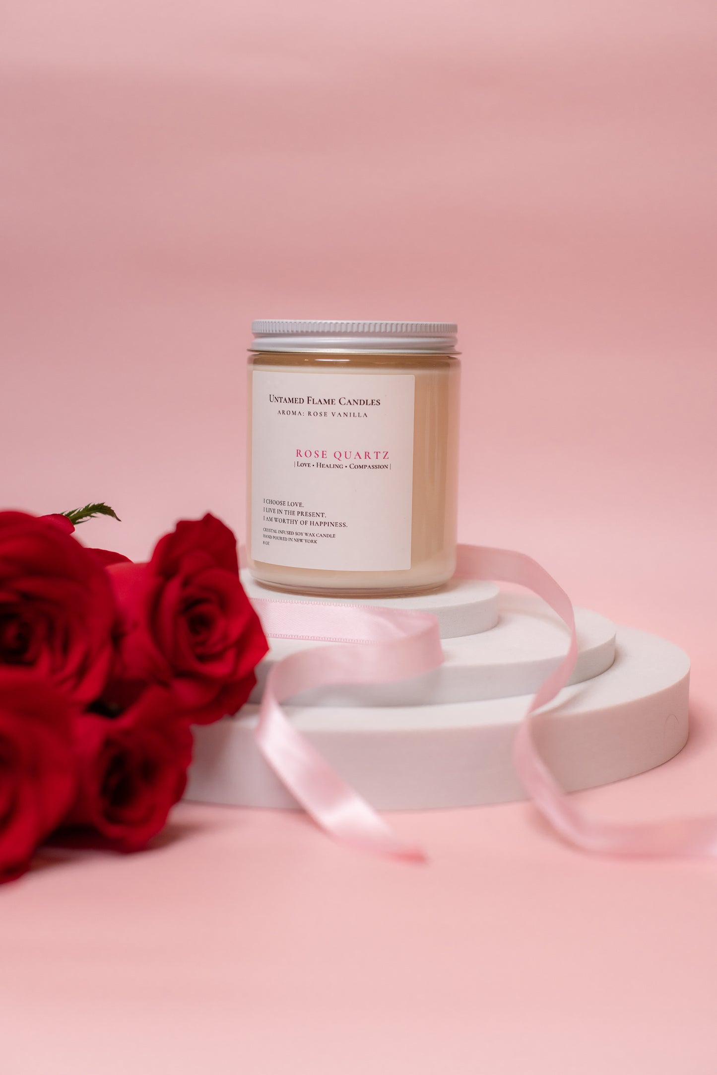 Rose Vanilla Natural Soy Wax Rose Quartz Crystal Candle | Healing | Love | Matches included | Vegan | Non-Toxic Candle | Hand Poured in NY