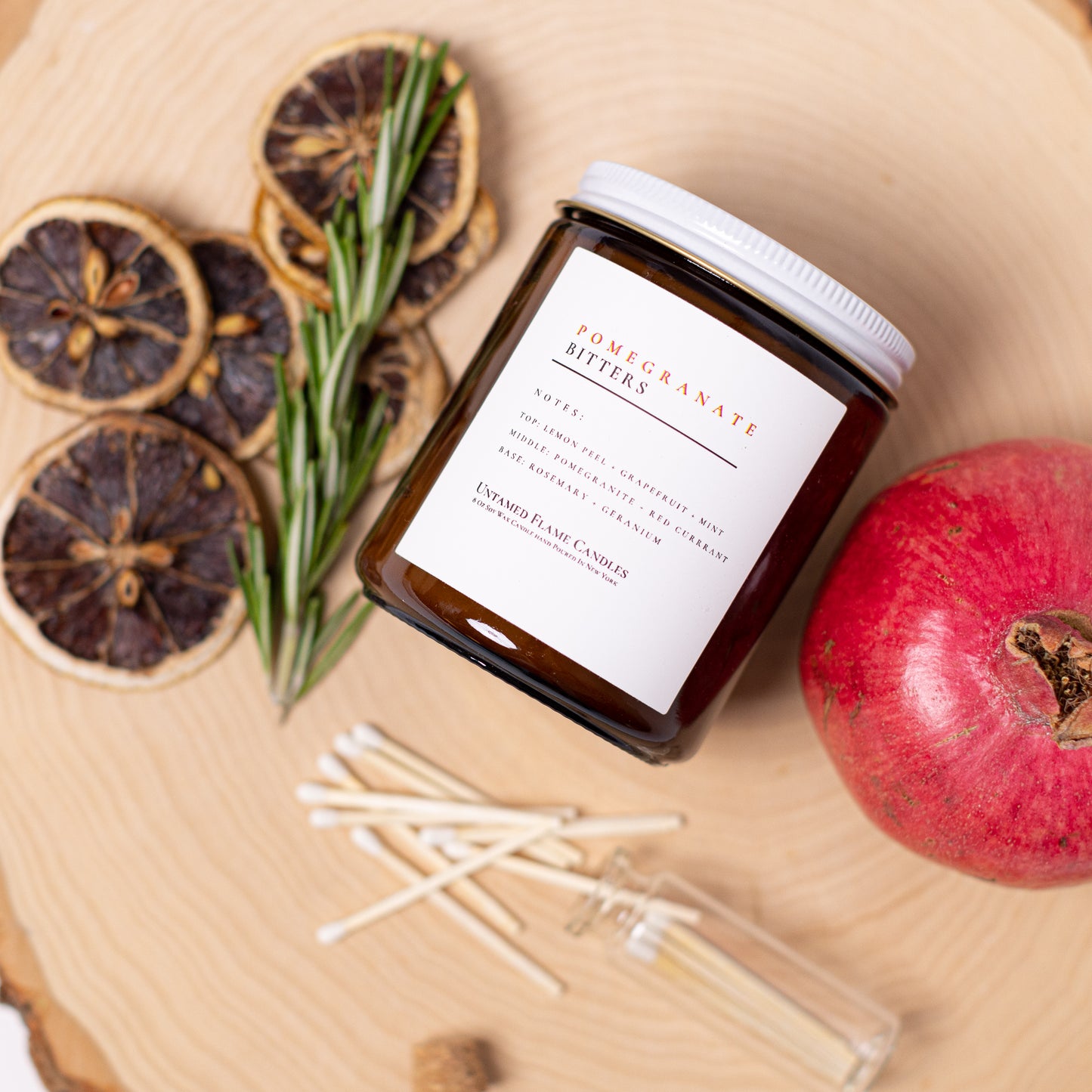 Pomegranate Bitters Soy Wax Candle | Aromatherapy, De-stress, Meditation | Amber Glass Jar | Vegan, Toxin-Free | Matches Included