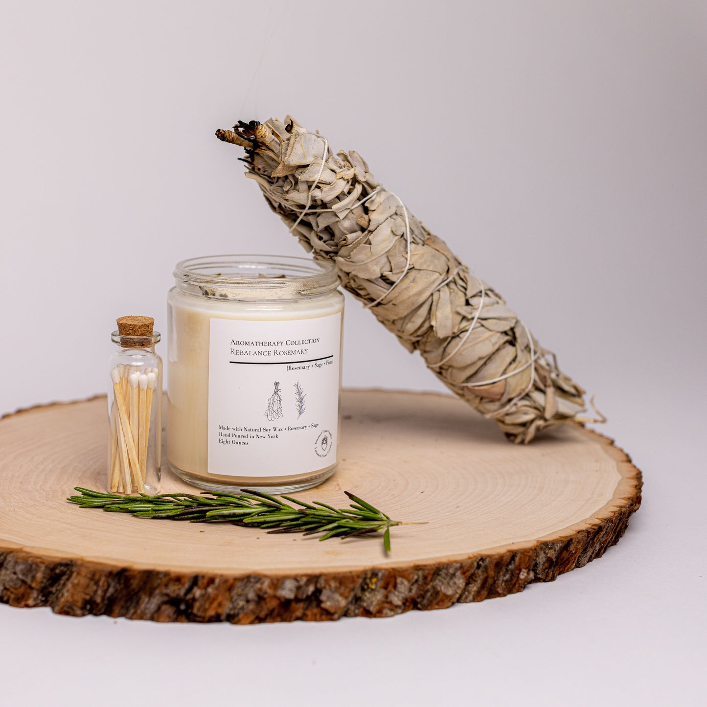 Rebalance Rosemary Soy Wax Candle | Restorative Aromatherapy for Energize and De-stress | Vegan & Toxin-Free | Matches Included