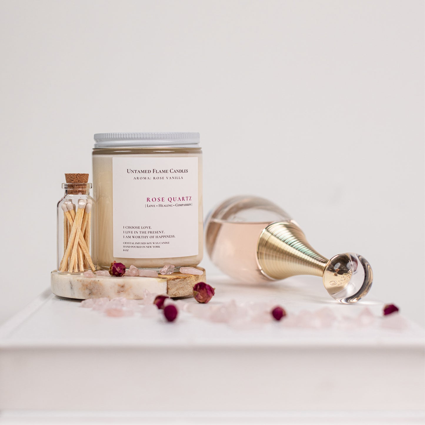 Rose Vanilla Natural Soy Wax Rose Quartz Crystal Candle | Healing | Love | Matches included | Vegan | Non-Toxic Candle | Hand Poured in NY