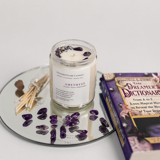 Amethyst Crystal Lavender White Tea Intention Candle | Tranquil Healing Aroma of Lavender, Lemongrass, Ginger, and White Tea | Vegan, Toxin-Free | Matches Included