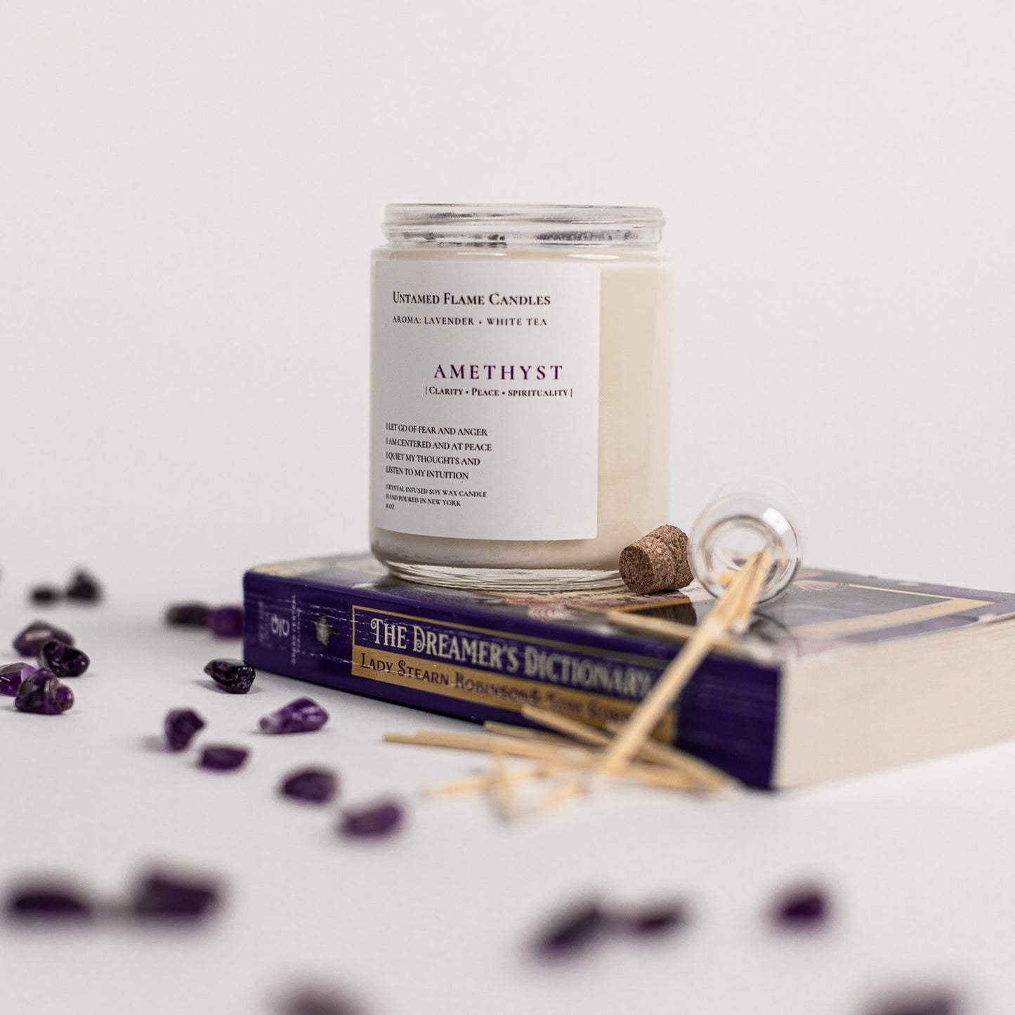 Amethyst Crystal Lavender White Tea Intention Candle | Tranquil Healing Aroma of Lavender, Lemongrass, Ginger, and White Tea | Vegan, Toxin-Free | Matches Included