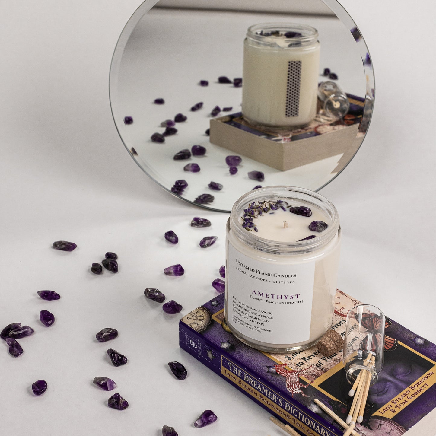 Amethyst Crystal Lavender White Tea Intention Candle | Tranquil Healing Aroma of Lavender, Lemongrass, Ginger, and White Tea | Vegan, Toxin-Free | Matches Included